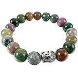 INBLUE Women,Men's 10mm 12mm Alloy Energy Bracelet Link Wrist Energy Stone Green Silver Tone Simulated Indian Agate Buddha Mala Bead Elastic