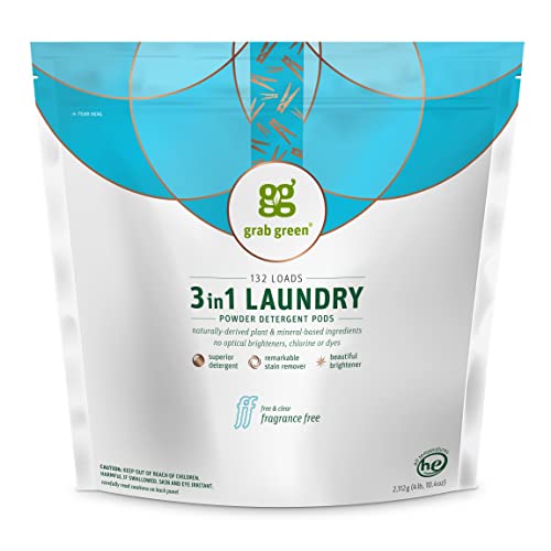 Grab Green 3-in-1 Laundry Detergent Pods, 132 Count, Fragrance Free, Plant and Mineral Based, Superior Cleaning Power, Stain Remover, Brightens Clothes