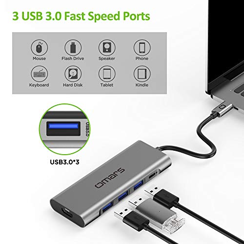 Omars USB C Hub, 5 in 1 Premium USB C adapter with USB C Power Delivery, 4K HDMI Output, 3 USB 3.0 Ports Compatible with MacBook Pro 2016/2017, ChromeBook, XPS and More USB Type C Devices (Space Gray)