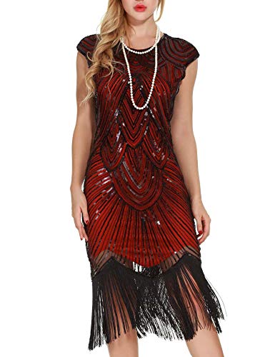 Women's 1920s Flapper Dresses - Sequined Beaded Fringed Emblished Great Gatsby Dresses (M, Wine red)