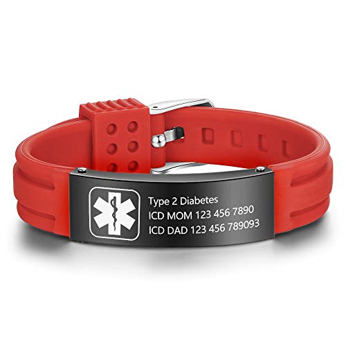 Free Engraving 9 Inch Silicone Adjustable Medical Bracelets Sport Emergency ID Bracelets for Men Women Kids Waterproof Rubber Alert Bracelets (Red-black)