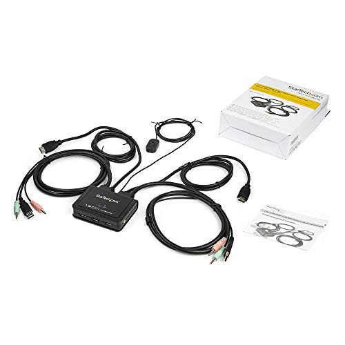 StarTech com 2 Port HDMI KVM Switch - 4K 60Hz - Compact Dual Port UHD/Ultra HD USB Desktop KVM Switch w/Integrated 4ft Cables & Audio - Bus Powered & Remote Switching - MacBook ThinkPad (SV211HDUA4K)