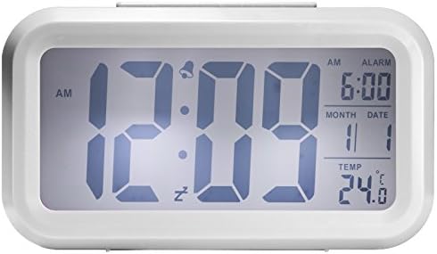 Alarm Clock Digital Large LCD Display Battery Operated Modern Portable Morning Sensor Smart Snooze Back-light Multi-function Clock Time Date Month Temperature for Office Bedroom Dormitory (White)