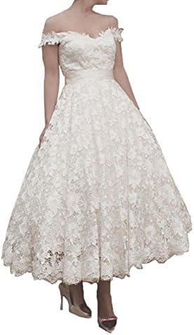 Danadress Women's Vintage Lace Tea Length Off Shoulder Straps Wedding Dress Bridal Gowns