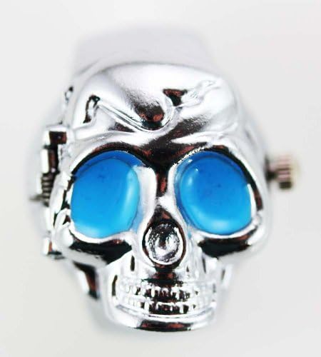 Elastic Ring Watch - Silver Tone Skull Watch w/ Blue Eyes