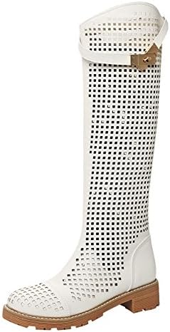 Carolbar Women's Retro Buckle Fashion Pierced Low Heel Knee-High Summer Boots