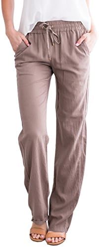 Geckatte Womens Casual Linen Pants Comfy Elastic Waist Drawstring Loose Long Pants with Pockets