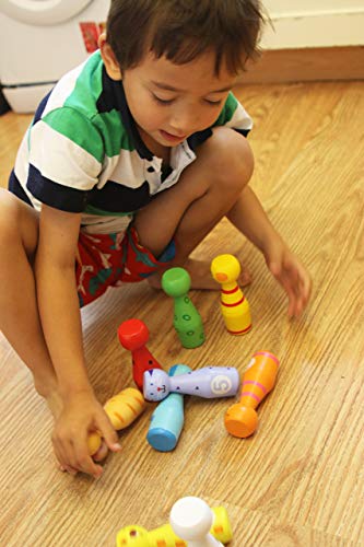 TOWO Wooden Skittles for Children - Wooden Skittle Set with Animal Faces and Numbers - Large 10 pin Bowling Set for Kids - Wooden Toys for 2 Year Old - Thumbnail 4