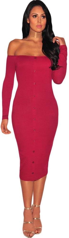 New Dark Red Off Shoulder Ribbed Bodycon Midi Dress Club Wear Party Wear Evening Dress Size UK 12