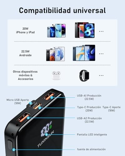 Power Bank 22.5W 20000mAh Fast Charge Bateria Externa, PD3.0 QC4.0 Bateria Portátil, USB C Entrada & Saída Powerbank com Tela LCD Compatível com Smartphones, smartwatches, etc — foto 5 de 6