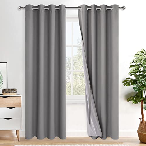 XWZO 100% Blackout Curtains 84 Inches Long - Privacy Protection & Noise Blocking Window Draperies Grommet Top with Black Liner for Bedroom/Living Room, Light Grey, W52 x L84, Set of 2