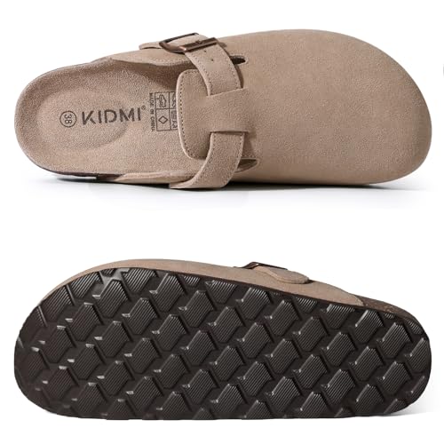 KIDMI Genuine Suede Clogs for Women Men Cork Footbed Sandals Leather Mules Potato Shoes with Arch Support