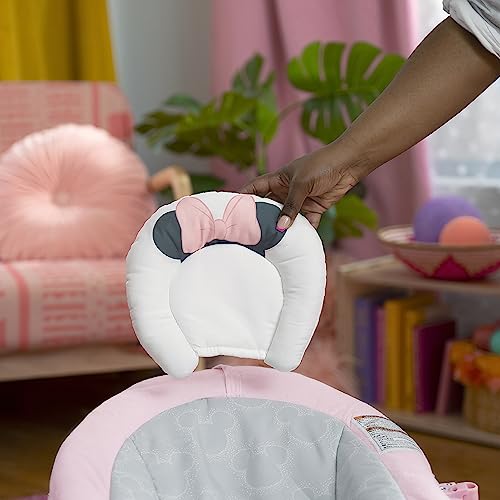 Bright Starts Disney Baby Minnie Mouse Comfy Baby Bouncer Soothing Vibrations Infant Seat - Music, Removable -Toy Bar, 0-6 Months Up to 20 lbs (Rosy Skies)