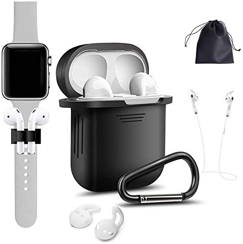 Airpods Accessories - Derhom Airpods Silicone Case Cover | Airpods Watch Band Holder | Headphone Accessories Bag[Include Anti-Lost Strap/Keychain/Ear Hooks] for Apple Airpod (Black)