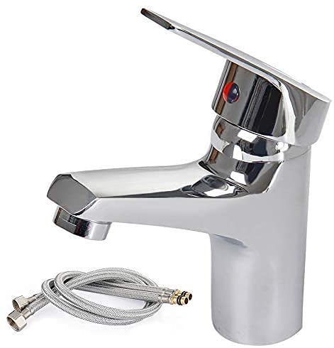 Silver Modern Waterfall Bathroom Mixer Tap, Solid Brass Hot Cold Single Lever Basin Faucet with 2 Hoses, Chrome