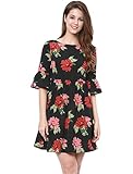 Allegra K Women's Loose Boat Neck Half Flare Sleeves Swing Babydoll Floral Dress