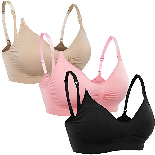 Women 's 2/3 Pack Seamless Maternity Nursing Bras Comfort Wireless Bra for Breastfeeding with Removable Pads(Black/Beige/Pink,XL)