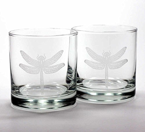 DRAGONFLY Lowball Glasses set of 2 - Dishwasher-safe etched whiskey glass