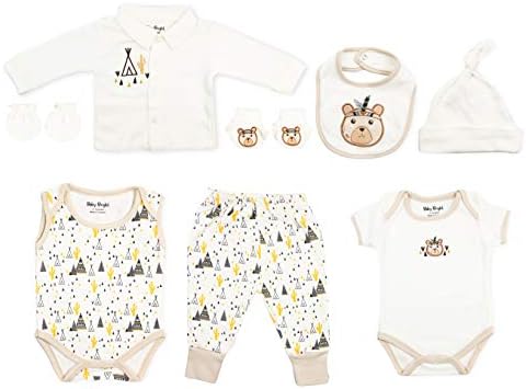 Baby Bright Newborn Clothes Set for Boy 0 to 3 Months 8 pcs Set Made from 180GSM BioSilky 100% Combed Cotton with Embroidery Includes Bib Mittens Booties Pajama Set Cap and 2 Bodysuits