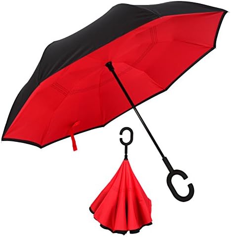 Ciamlir Double Layer Inverted Umbrella with C Handle Inside Out Creative Cars Reverse Umbrella 42(diameter)x31(length) inches (Red)