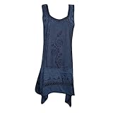 Womens Summer Dress Blue Embroidered Sleeveless Boho Resort Beach Sundress