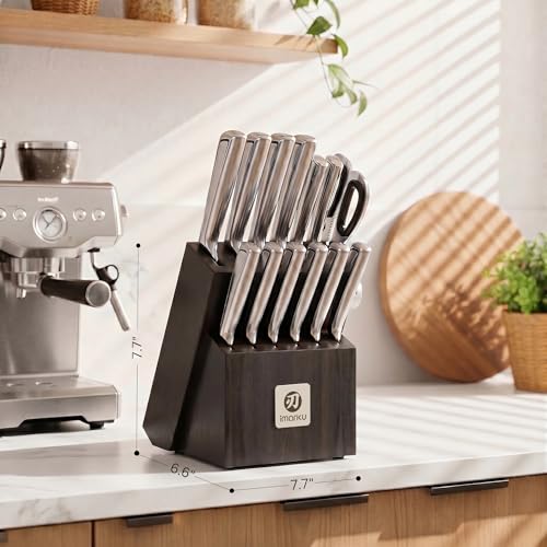 imarku 14-Piece Knife Set, Japanese High Carbon Stainless Steel Knife Block Sets, Ultra-Sharp Kitchen Knife Set with Built-in Sharpener, Dishwasher Safe, Gray