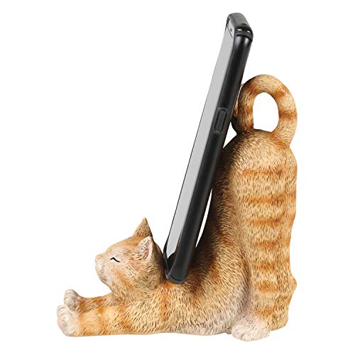 What On Earth Cat Mobile Phone Holder - Sculpted Resin Kitty Shaped Cellphone Stand - 6" L - Orange Tabby Cat