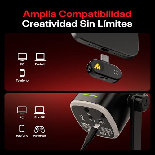 MAONO PD100W Micrófono dinámico Inalámbrico USB con receptor tipo C, batería de 40h, botón de silencio, cancelación de ruido, software, RGB, micrófono para pc gamer, stream, grabación, juegos, podcast