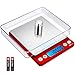 AMIR Digital Kitchen Scale, 500g/ 0.01g Mini Pocket Jewelry Scale, 100g Calibration Weight, Cooking Food Scale with Back-Lit LCD Display, 2 Trays, 6 Units, Auto Off, Tare, PCS, Stainless Steel, Red