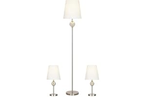 HOMECONCEPT Catalina Modern Classic 3-Piece Floor and Table Lamp Combo Set, Brushed Nickel Metal Finish w/Glass Font