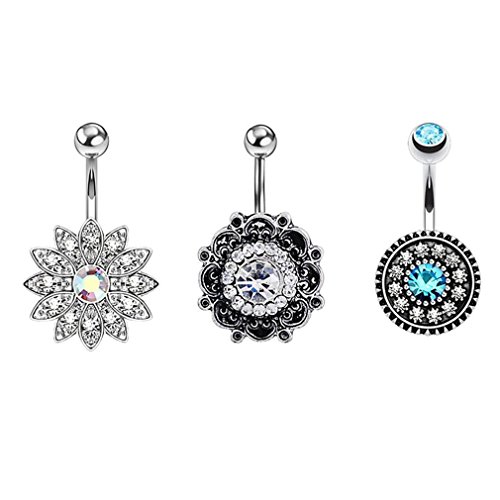 JDXN 3PCS14G Stainless Steel CZ Opal Belly Button Rings Navel Barbell Piercing Body Jewelry For Women (Silver Style 1/7pcs/set)