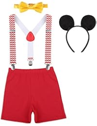 Baby Boy 1st Birthday Cake Smash Mickey Outfits Party Suspenders Diaper Nappy Cover Bow Tie Mouse Costume Headband 3pcs Clothes Set Chevron Striped+Red