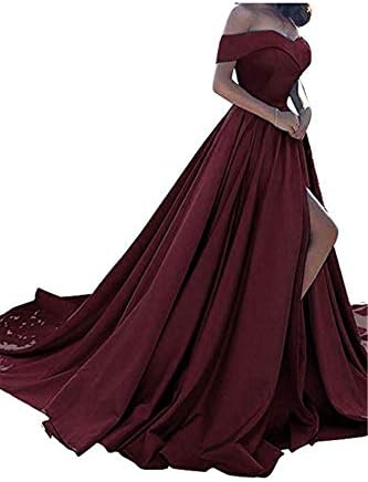 Women's Off The Shoulder A Line Prom Dress Split Satin Formal Evening Gowns Long