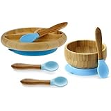 Avanchy Feeding Bamboo Spill Proof - Stay Put Suction Bowl, Blue with Avanchy Feeding Bamboo Divided Plate and Avanchy Toddler Infant Feeding Spoon - A Great Baby Gift Set! 2 Spoons Pack, Blue