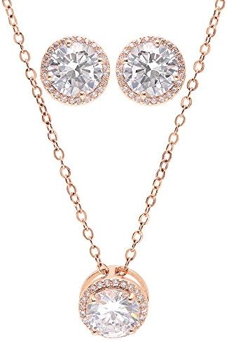 Bridesmaid Gifts - Pretty Halo Cubic-Zirconia Necklace & Earrings Set (18", Rose gold), Set of 8