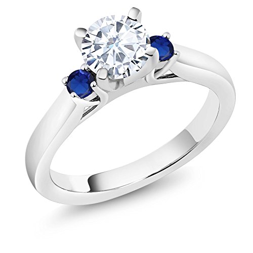 0.94 Ct White Created Moissanite Blue Simulated Sapphire 925 Silver 3-Stone Ring (Available in size 5, 6, 7, 8, 9)