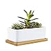 Mkono 6.5-Inch Rectangular Succulent Plant Pot with Bamboo Tray Creamic Cactus Planter Modern Window Box with Drainage Hole, White