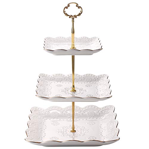 sumerflos - soporte cuadrado de porcelana para tartas de 3 niveles, borde blanco con soporte de postre para cupcakes en relieve dorado, bandeja para servir en niveles para fiestas de té y baby shower