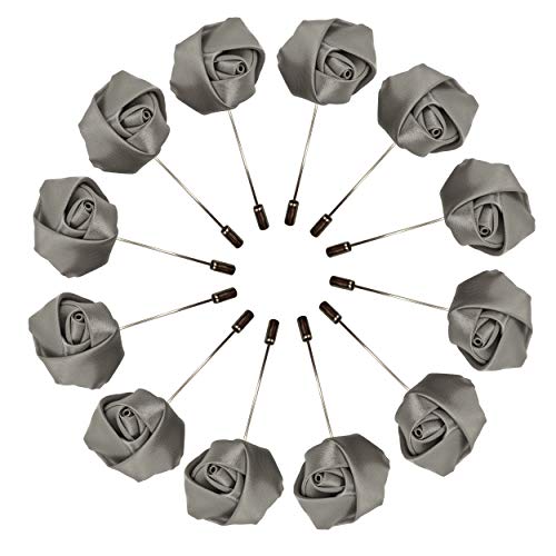 Sanrich Rose Boutonniere Men's Lapel Pins Satin Flower 12 Pack Groom Wedding Boutonniere Suit Brooch Outfit Accessories (silver gray) - Thumbnail 4