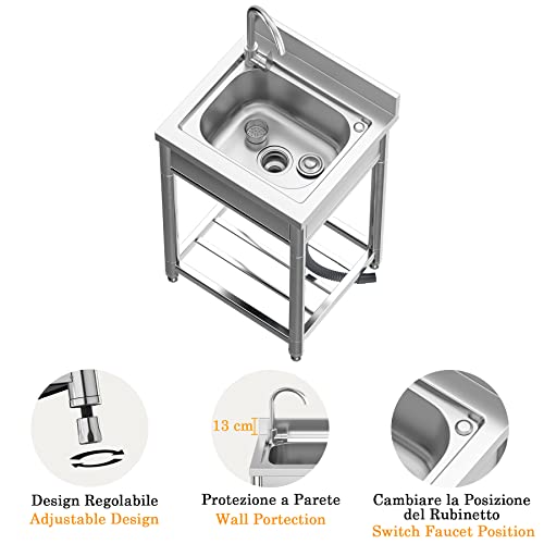 Vockol Stainless Steel Sink Freestanding 1 Basin, 55 × 50 × 94 cm Commercial Sink with Tap, Professional Kitchen Sink for Kitchen, Restaurant, Bar, Cafe, Garage, Indoor and Outdoor