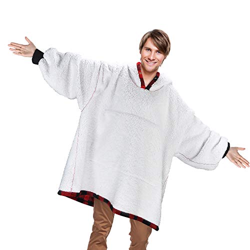 Oversized Blanket Sweatshirt, Super Soft Warm Cozy Wearable Sherpa Hoodie for Adults & Children, Reversible, Hood & Large Pocket, One Size, Red Plaid