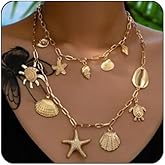 MarveBard Gold Boho Layered Shell Necklace for Women Bohemian Starfish Turtle Conch Pendant Charm Necklace Double Layer Beachy Ocean Jewelry for Summer Vacation