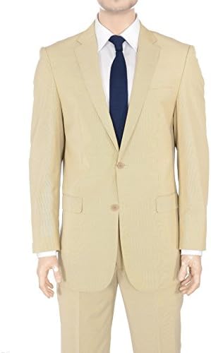 Mens Modern Fit Beige Tan Striped Two Button Wool Silk Blend Suit