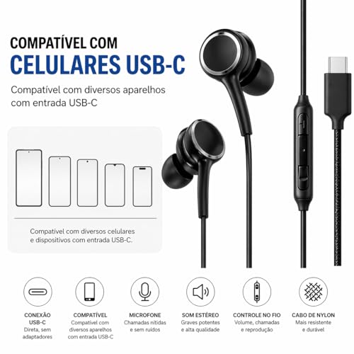 Fones De Ouvido Com Fio Tipo C Intra Auricular Microfone Integrado Compativel iPhone 15 15 Pro 15 Pro Max 16 16 Pro Max Com Fio Fones Estéreo Compatíveis ANDROID LG Qualidade Premium