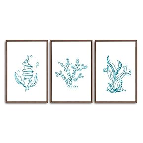 3 Piece Framed Canvas Wall Art Simple Seabed Elements Canvas Prints Home Artwork Decoration for Living Room,Bedroom - 16"x24"x3 Panels