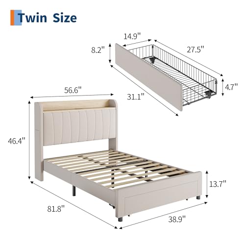 Twin Size Upholstered Bed Frame with Storage Headboard and Charging Station, Platform Bed Frame with Metal Drawers, Heavy Duty, No Box Spring Needed, Easy Assembly, Beige