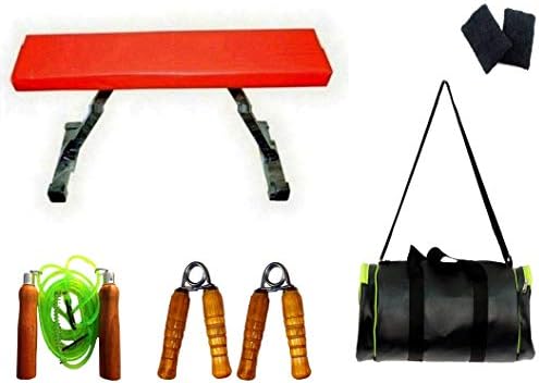 SPANCO Flat Folding Fitness, Exercise, Home Gym Bench, Leatherate Duffle Bag, Wooden Handle Hand Gripper, Skipping Rope & Pair of Sweatband for Home Gym Fitness Equipments