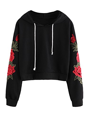 Romwe Women's Long Sleeve Embroidery Sweatshirts Casual Hoodies Pullover Black L