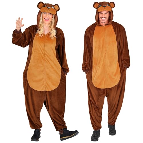 W WIDMANN MILANO Party Fashion - Bear Jumpsuit for Adults, Brown Plush Jumpsuit with Hood, Animal Costume for Carnival