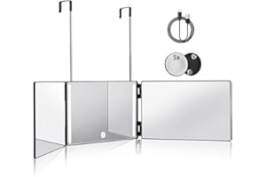 HIEEY 3 Way Mirror for Hair Cutting with LED,360 Trifold with Height Adjustable Telescoping Hooks,and 5X Magnification,for Makeup and Styling (Black)